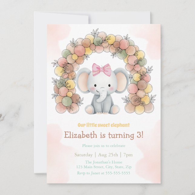 Cute Baby Elephant Balloon Arch Birthday  Invitation (Front)