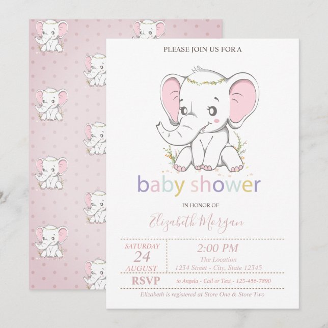 Cute Baby Elephant Balloons Baby Shower Invitation (Front/Back)