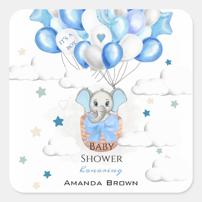 Cute Baby Elephant Balloons Basket Boy Baby Shower Square Sticker (Front)