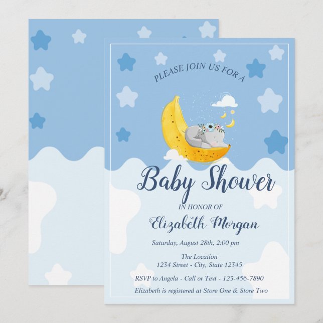 Cute Baby Elephant, Banana Moon Invitation (Front/Back)