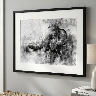 Cute Baby Elephant Black and White Watercolor Art Photo Print