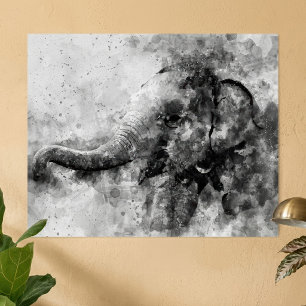 Cute Baby Elephant Black and White Watercolor Art Poster