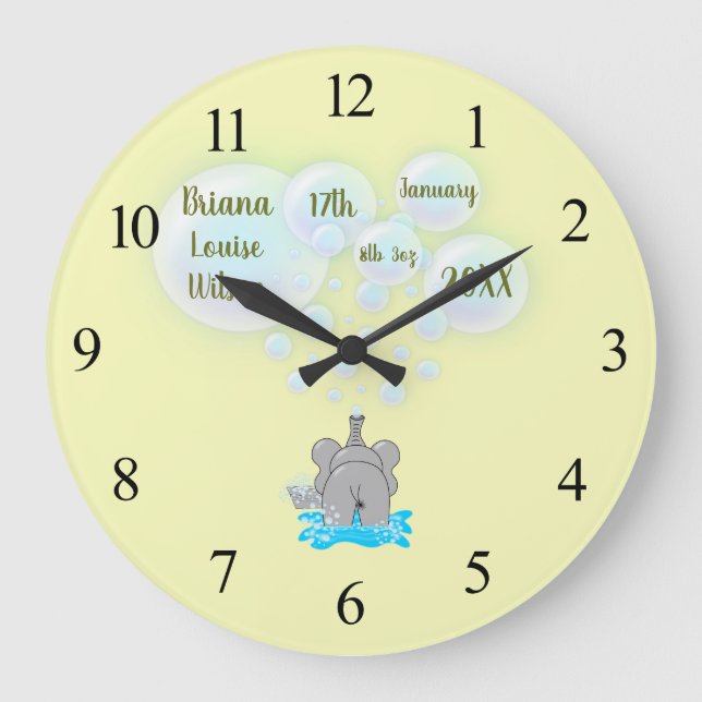 Cute Baby Elephant Blowing Bubbles Monogrammed Large Clock (Front)