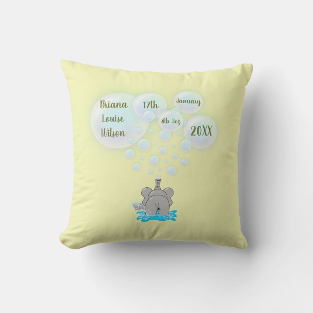 Cute Baby Elephant Blowing Bubbles Monogrammed Throw Pillow (Front)