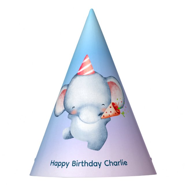 Cute Baby Elephant blowing confetti, Birthday Party Hat (Front)