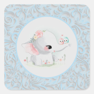 Cute Baby Elephant Blue Boy Square Sticker