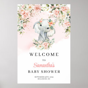 Cute baby elephant blush Girl Baby Shower Welcome Poster