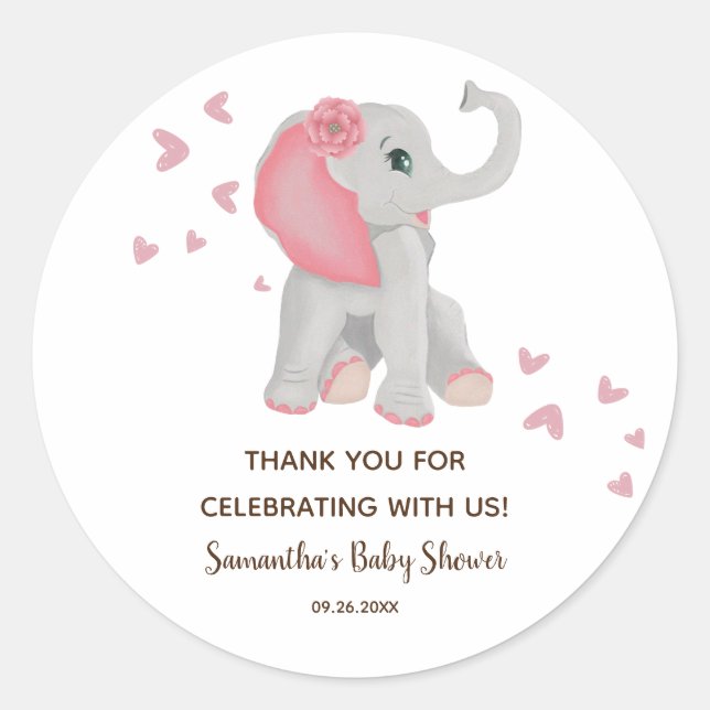 Cute Baby Elephant Blush Pink Baby Shower Favour Classic Round Sticker (Front)