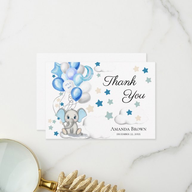 Cute Baby Elephant Boy Baby Shower | Thank You (Front/Back In Situ)