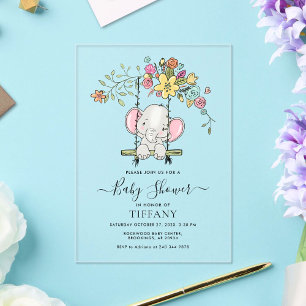 Cute Baby Elephant Boy Floral Swing Baby Shower Acrylic Invitations