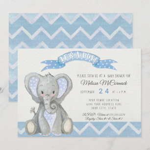 Cute Baby Elephant Boy Shower Chevron Stripe Blue Invitation