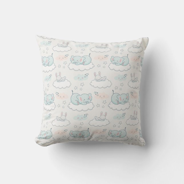 Cute Baby Elephant & Bunny Animal Pattern  Throw Pillow (Front)