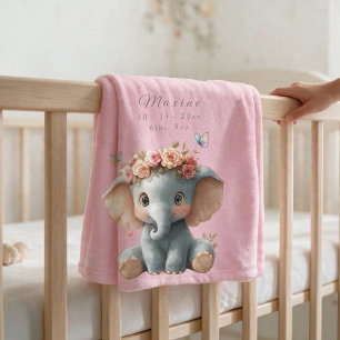 Cute Baby Elephant Butterflies Flowers Fleece Blanket