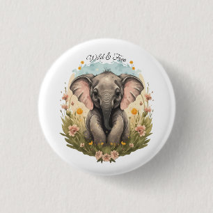 Cute Baby Elephant Calf Wildflower Wanderlust 1 Inch Round Button
