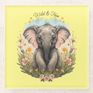 Cute Baby Elephant Calf Wildflower Wanderlust Glass Coaster