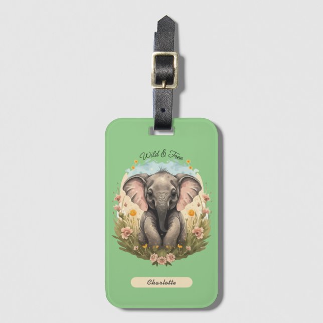 Cute Baby Elephant Calf Wildflower Wanderlust  Luggage Tag (Front Vertical)