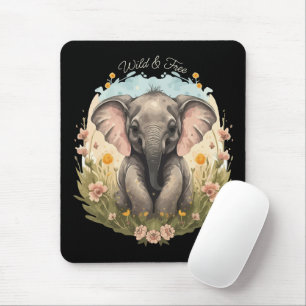 Cute Baby Elephant Calf Wildflower Wanderlust Mouse Pad