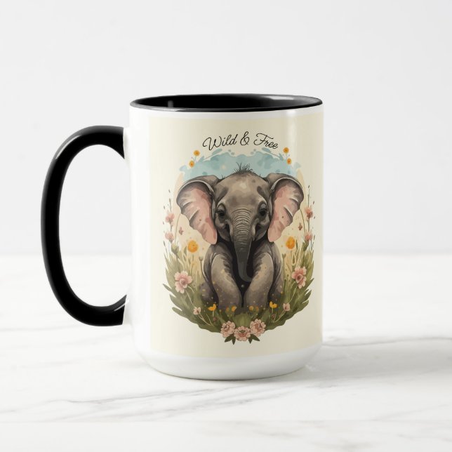 Cute Baby Elephant Calf Wildflower Wanderlust  Mug (Left)