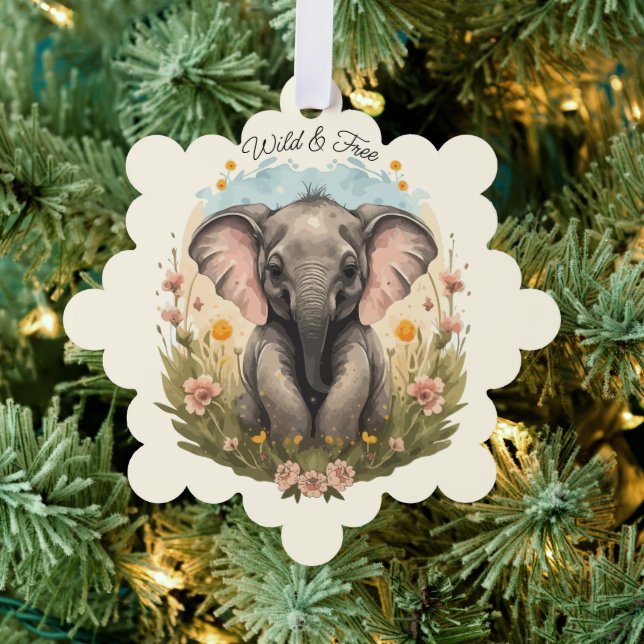 Cute Baby Elephant Calf Wildflower Wanderlust  Ornament Card (Insitu (Tree))