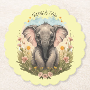 Cute Baby Elephant Calf Wildflower Wanderlust Paper Coaster