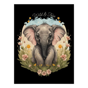 Cute Baby Elephant Calf Wildflower Wanderlust Poster