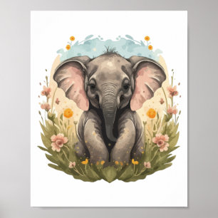 Cute Baby Elephant Calf Wildflower Wanderlust Poster