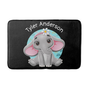 Cute Baby Elephant, DIY Name, Black Bath Mat