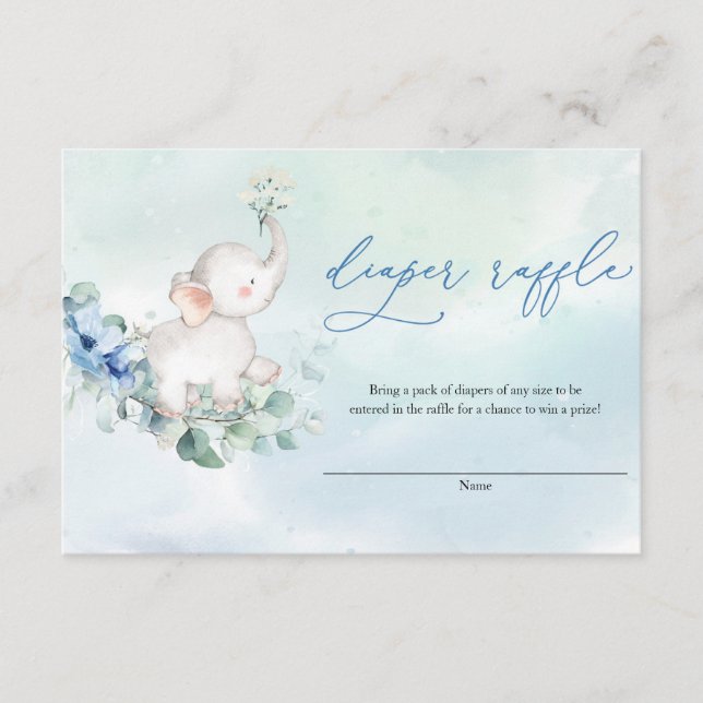 Cute Baby Elephant Dusty Blue Floral Diaper Raffle Enclosure Card (Front)