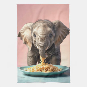 Cute Baby Elephant Eating Spaghetti Kitchen Towel