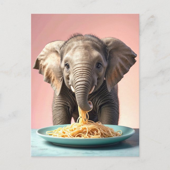 Cute Baby Elephant Eating Spaghetti Postcard (Front)