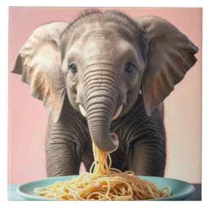 Cute Baby Elephant Eating Spaghetti Tile
