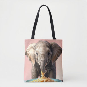 Cute Baby Elephant Eating Spaghetti Tote Bag