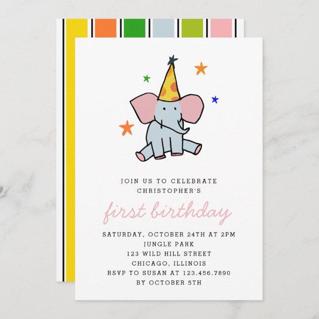 Cute Baby Elephant First Birthday Party Invitation (Front/Back)