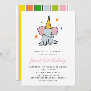 Cute Baby Elephant First Birthday Party Invitation