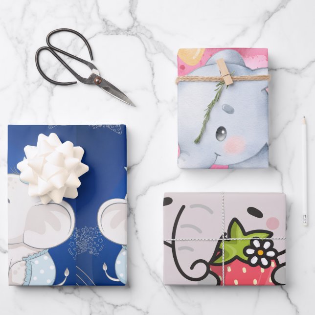 Cute Baby Elephant First Birthday Wrapping Paper Sheet (Front)