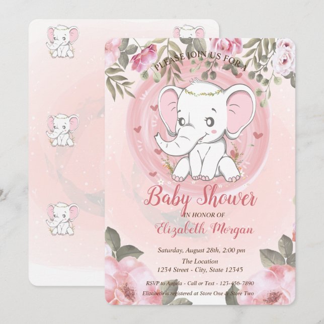 Cute Baby Elephant,Floral Baby Shower Invitation (Front/Back)