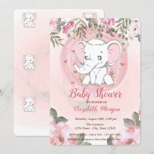 Cute Baby Elephant,Floral Baby Shower Invitation