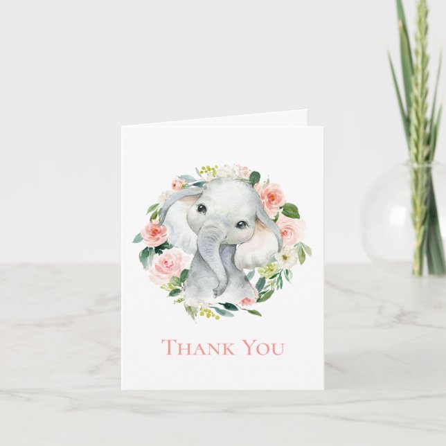Cute Baby Elephant Floral Thank You Card (Front)