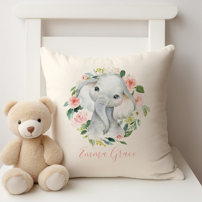 Cute Baby Elephant Floral with Child's Name Throw Pillow (Creator Uploaded)