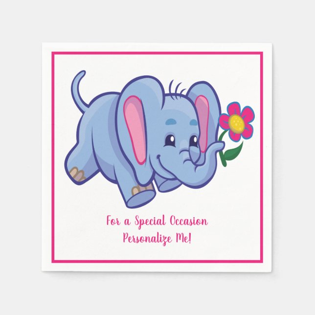 Cute Baby Elephant & Flower Personalized Napkin (Front)