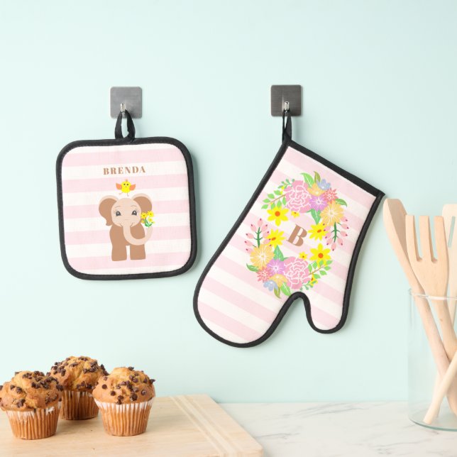 Cute Baby Elephant Flowers Monogram Kids  Oven Mitt & Pot Holder Set (Insitu(Hanging))