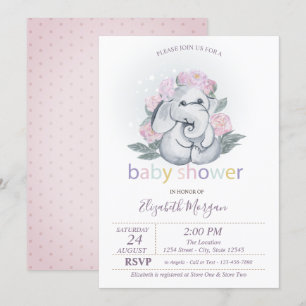 Cute Baby Elephant Flowers Polka Dots Baby Shower  Invitation