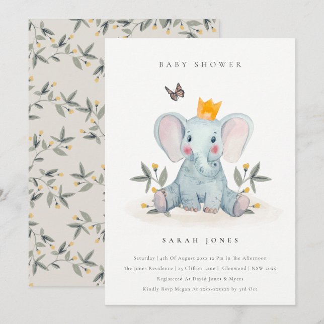 Cute Baby Elephant Foliage Baby Shower Invite (Front/Back)