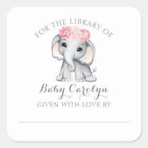 Cute Baby Elephant For the Library of Bookplate Square Sticker