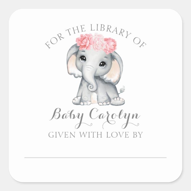 Cute Baby Elephant For the Library of Bookplate Square Sticker (Front)