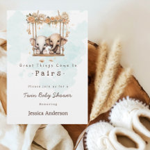 Cute Baby Elephant Gender Neutral Twin Baby Shower