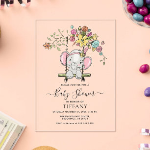 Cute Baby Elephant Girl Floral Swing Baby Shower Acrylic Invitations