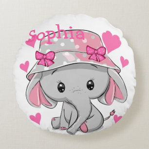 Cute Baby Elephant Girl Round Pillow