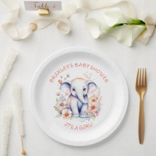 Cute Baby Elephant Girl's Baby Shower  Paper Plate