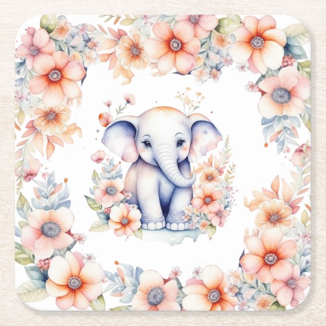 Cute Baby Elephant Girl's Baby Shower  Square Paper Coaster (Front)